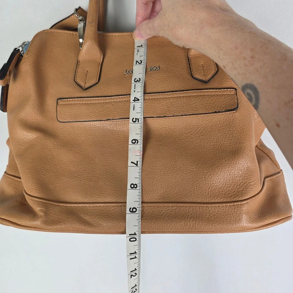 London Fog Tan Pebbled‎ Vegan Leather Satchel Crossbody Bag Blue Trim